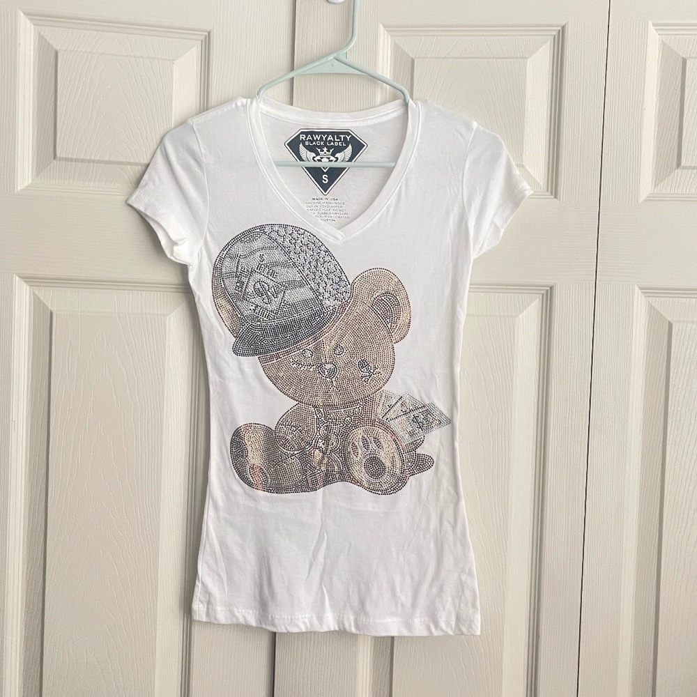 Rawyalty Black Label women's white rhinestones bear size S 100% cotton USA. #164